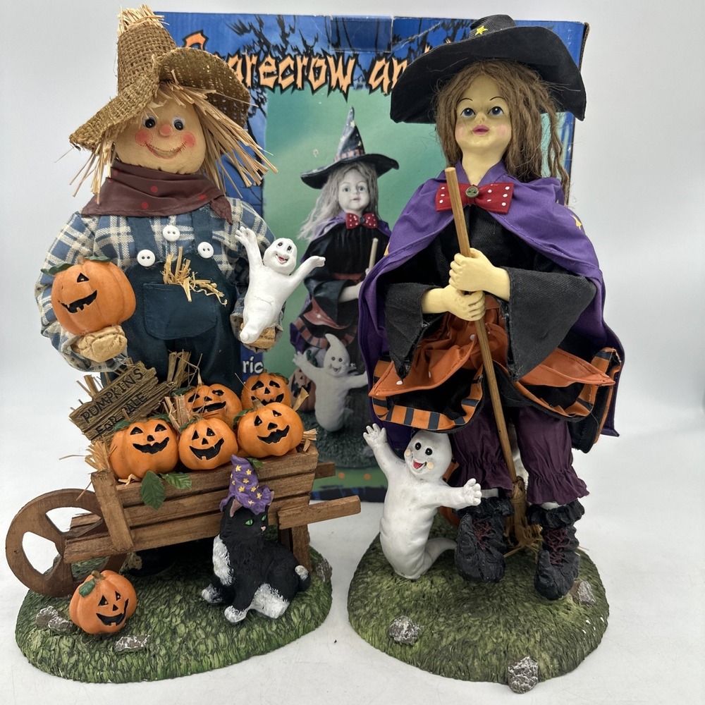 Vintage Halloween Witch & Scarecrow Figures 13" Fabric Mache RARE Decor